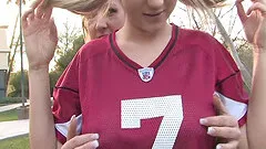 Two hot amateur babes go outside and play naked football