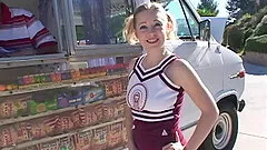 Blonde Cheerleader in uniform moans as she gets banged outdoor