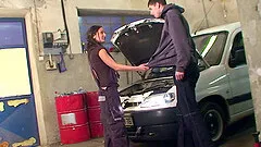 A sex girl pays her mechanic with pussy during some car fucking action