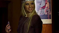 Sizzling blonde porn star with petite tits sucking a stranger's big cock