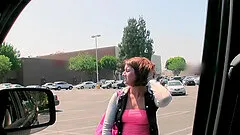 Mini-skirt clad chick licking and sucking a stranger's big cock in his car