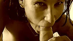 Mature amateur brunette enjoys sucking a wang in homemade POV