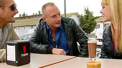 Blonde babe with petite tits licking and sucking a stranger's big cock