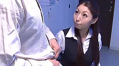 Ardent Japanese cougar with long hair moaning as she gets fingered in the office