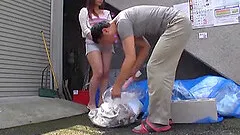 Libidinous Japanese cowgirl getting banged doggystyle till he cums on her tits