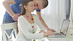 Long haired beauty gets double cumshots in steamy threesome sex