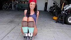 Cute skateboarding white girl gets fucked by a big black cock in a garage