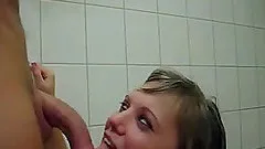 Blonde hussy gets face-fucked in the shower in homemade tape