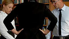 Cowgirl in nylon stocking yelling while her anal is banged hardcore in reality threesome office sex