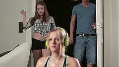 Captivating babes in shorts getting screwed hardcore doggystyle in threesome sex