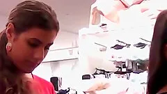 Two pretty chicks get caught ona a hidden cam in a public place