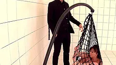 Hedonistic brunette porn star with long hair getting bonked hardcore while roughed up in a BDSM fetish