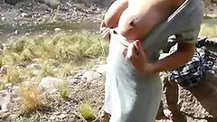 Amateur chick shows her crotch and massive tits in homemade outdoor clip