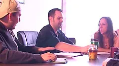 Two kinky brunettes make out and pet each other at a casting