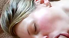 Horny blonde milks a cock dry on her face in homemade scene