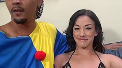 Pretty porn star with long dark hair enjoying a hardcore interracial fuck