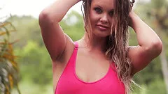 Beautiful Model Playing With Her Breasts Next To Her Swimming Pool