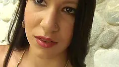 Slim brunette gives a blowjob and gets her shaved cooch banged