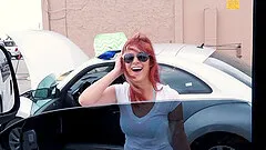 Redhead With A Sexy Tattooed Body Enjoying A Hardcore MMF Threesome In A Car