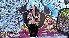 Nerdy brunette in glasses blows and gets banged in a car