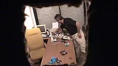 Two sexy long-haired brunettes share a wang in front of a hidden cam