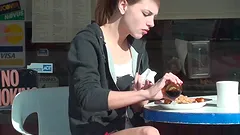 Kasey shows off her pink pussy in public solo scene