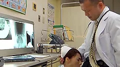 A beautiful Japanese nurse gives a blowjob to a doctor