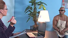 A lustful female boss has an interracial sex in her office