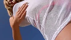 Slim blonde Helena rubs and deepthroats three cocks in the yard