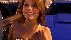 Chubby hussy Stacey flashes her butt in the street