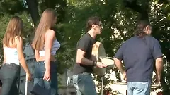 Slim brown-haired babes in a wild foursome video