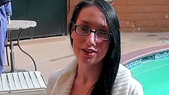 Skinny brunette Violet licks and rides a boner in hot POV video