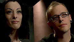 Slim brunette in stockings wraps a guy and toys his ass