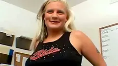 Nerdy blonde Marie gives a blowjob and a titjob to some dude