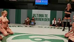 Three horny babes are on the pitch to get in a wild fight