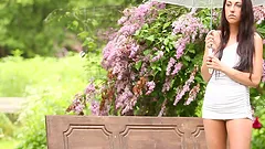 Sexy brunette's fucked on a park bench