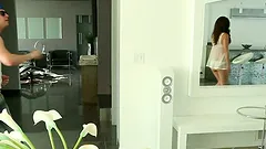 Slim lesbian chicks finger and toy pussies with a double dong