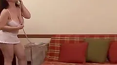 Chubby brunette MILF toys her vagina with gigantic dildo