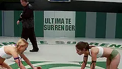 Tattooed blonde gets her cunt smashed during a fight on tatami