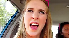 Three petite girls kiss and then suck big hard cocks