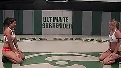 Two nude lesbians bang on tatami after having a battle