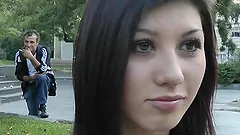 Slim brunette gets fucked by some guy in the street