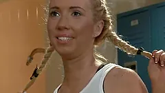 BDSM double penetration in the locker room with a slender blond