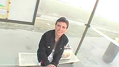 Sexy and sizzling short haired girl gives a blowjob in public