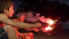 Double penetration on the beach with a juicy Japanese angel