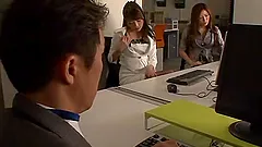 Two adorable Japanese girls suck and ride a dick in an office