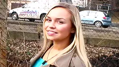 Lovely blonde girl with hot titties sucks a dick in public