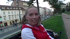 Nerdy blonde Victoria sucks and rubs a schlong in the street