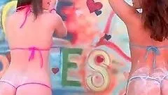 Outdoor foam party with hot ass girls in small bikini