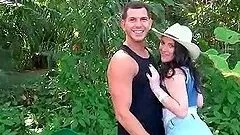 Hot MILF stripping in lingerie and blowing pecker outdoor